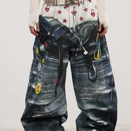 2025同款美式原创3D打印长裤双腰头印花弯刀baggy牛仔裤