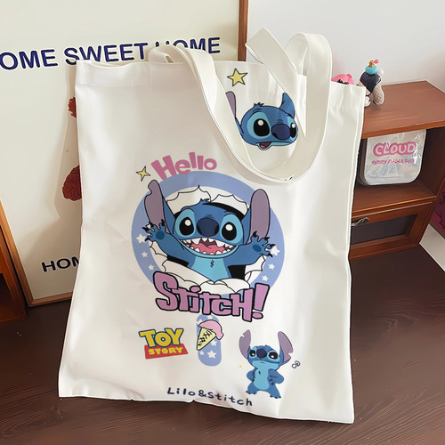 Stitch Cartoon Canvas Bag Women's Ins Japanese Style Canvas Bag Student Backpack Shoulder Bag Large Capacity Handbag Cute 