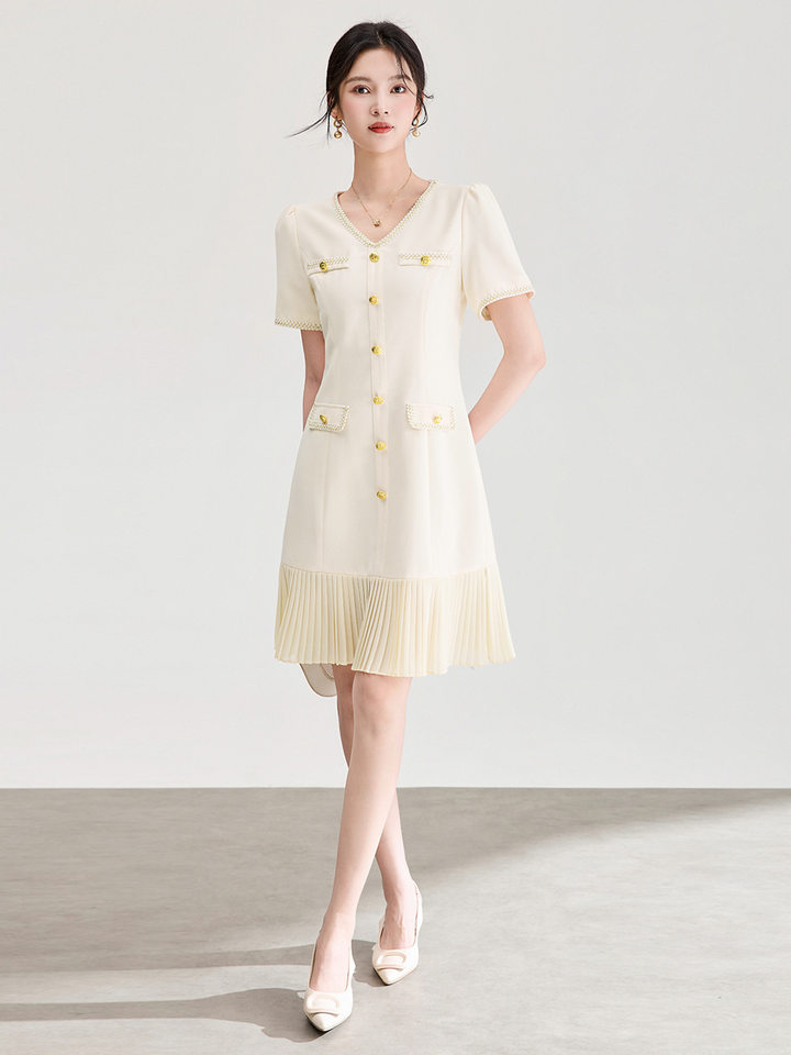Đầm nữ cổ tròn tay ngắn thắt eo phong cách Chanel — màu đen