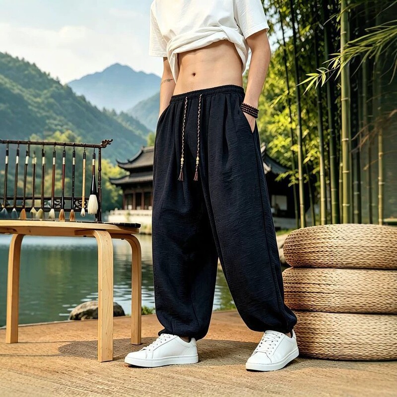 Summer Men's Lantern Pants with Elastic Cuffs, Nine-Point Casual Pants, Loose Cotton and Linen Thin Style, Trendy Chinese Style, Solid Color, Plus Size Summer Men's Lantern Pants with Elastic Cuffs, Nine-Point Casual Pants, Loose Cotton and Linen Thin Style, Trendy Chinese Style, Solid Color, Plus Size