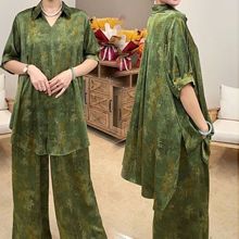 高档大码妈妈装时尚套装夏季宽松显瘦减龄五分袖上衣直筒裤两件套