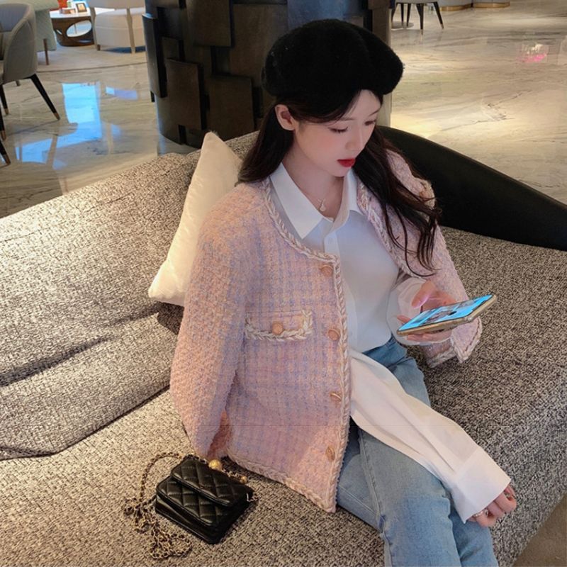 Pink Chanel-Style Jacket for Women, Spring and Autumn 2025 New Korean Sweet Socialite Style, Age-Reducing Tweed Short Top