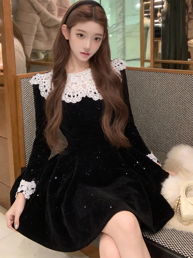 Đầm midi nhung A chữ cổ tròn ren hoa thắt eo — đen chi tiết 5