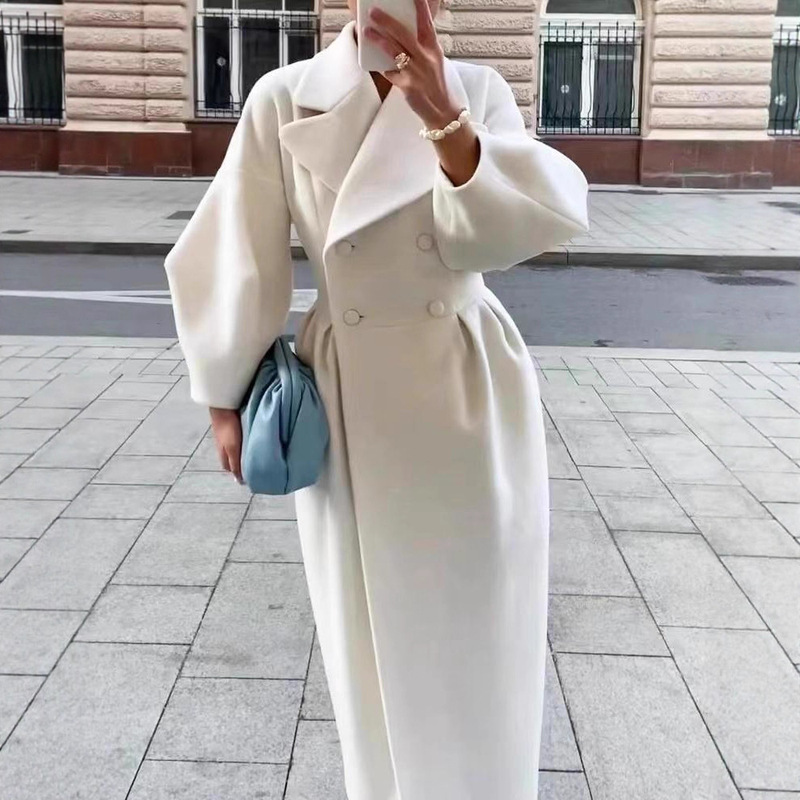 High-End Retro Palace-Style Woolen Long Coat for Women, New Autumn and Winter Lantern Sleeve Large Lapel Coat, Cross-Border European and American Style