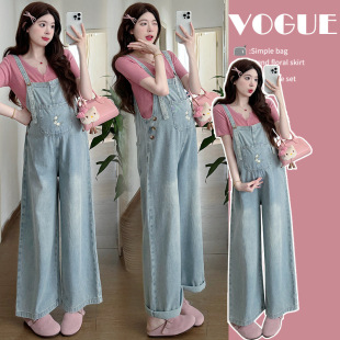 Maternity 2025 summer new fashion embroidery foreign style Denim wide leg suspenders short sleeve T-shirt two-piece set