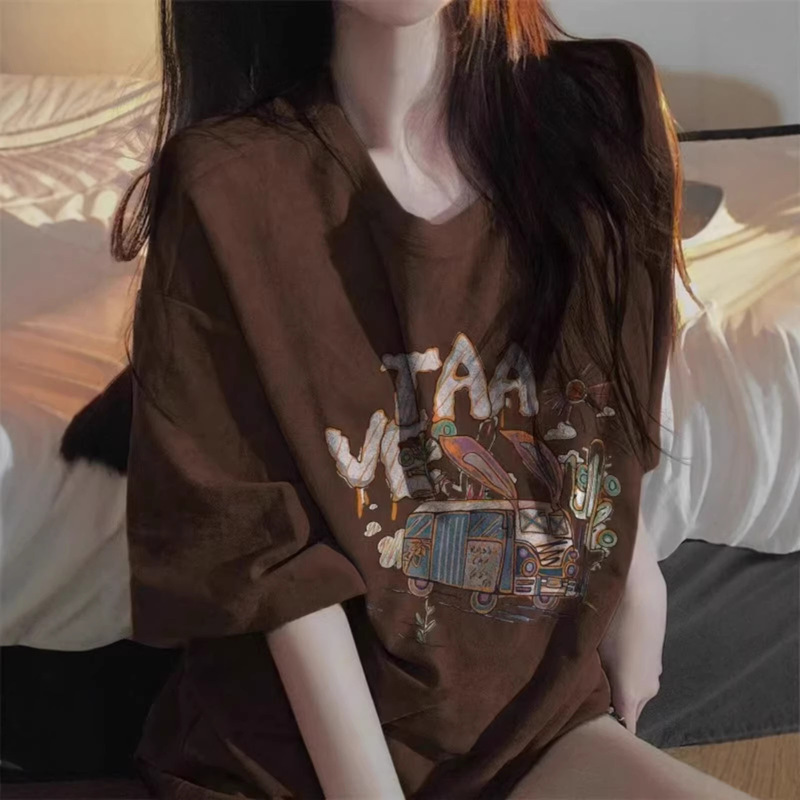 Pure Cotton American Retro Brown Short-Sleeved T-Shirt for Women, New Summer Style, Loose Fit, Plus Size, Unique Design Top