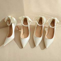 Fuhao pointed toe high-heeled shoes and stiletto heels 2023 new bow-knot pearl strap work shoes fashionable pumps sexy