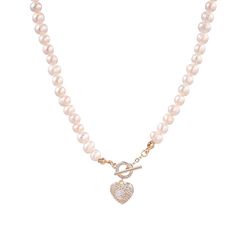 Freshwater Pearl Micro-Set Diamond Heart Necklace for Women, Korean Version, Elegant and Fashionable, OT Clasp Design, Charming and Stylish Necklace