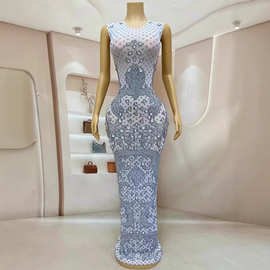 新款气质银白闪耀水钻连衣长裙酒会派对红毯礼服舞台演出服银花