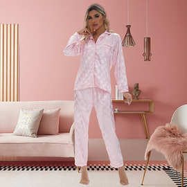欧美跨境pink大码Lady pajamas外贸双长仿真丝方格纹家居服睡衣