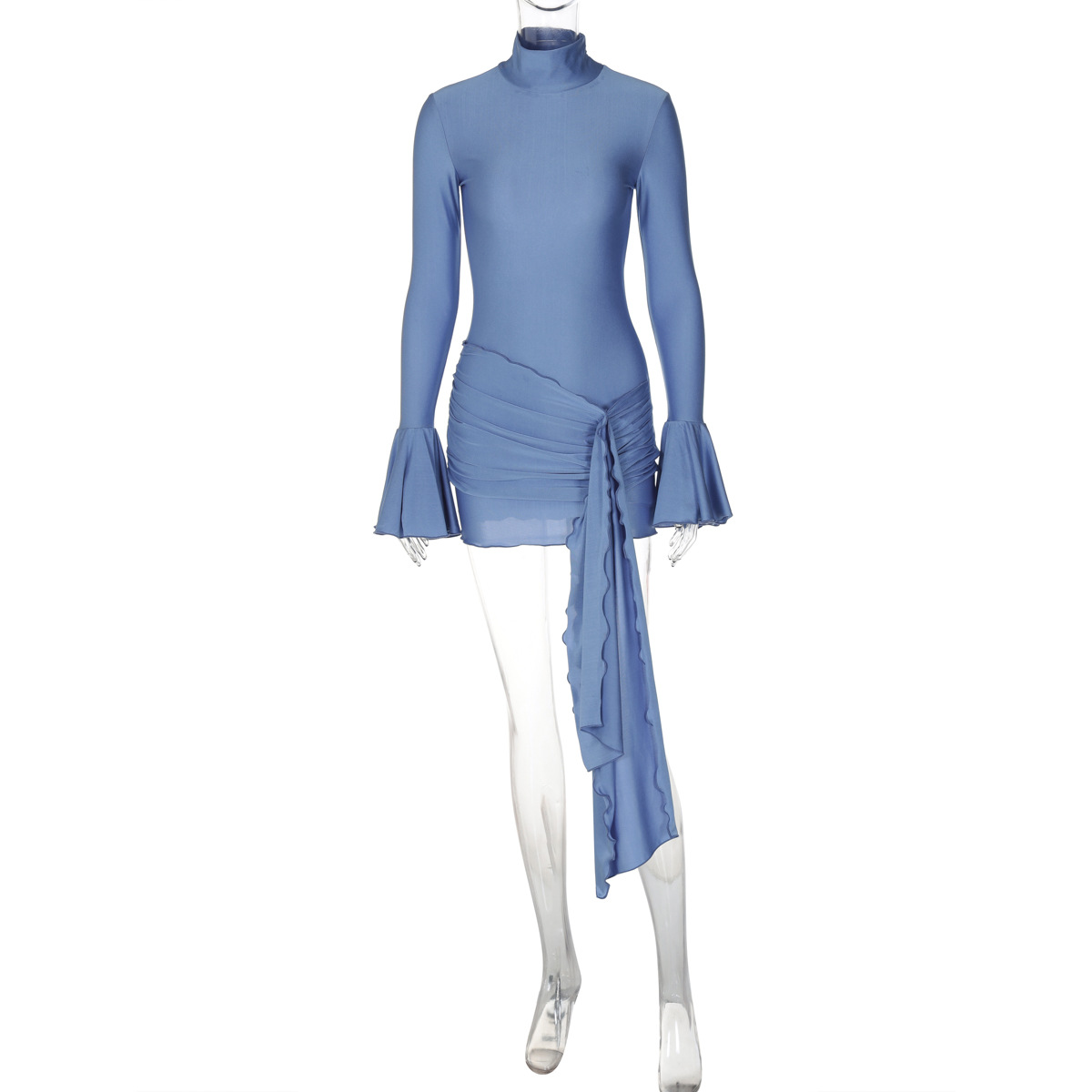 Women Clothing Autumn Solid Color Half Collar Bell Sleeve Sexy Tight Hip