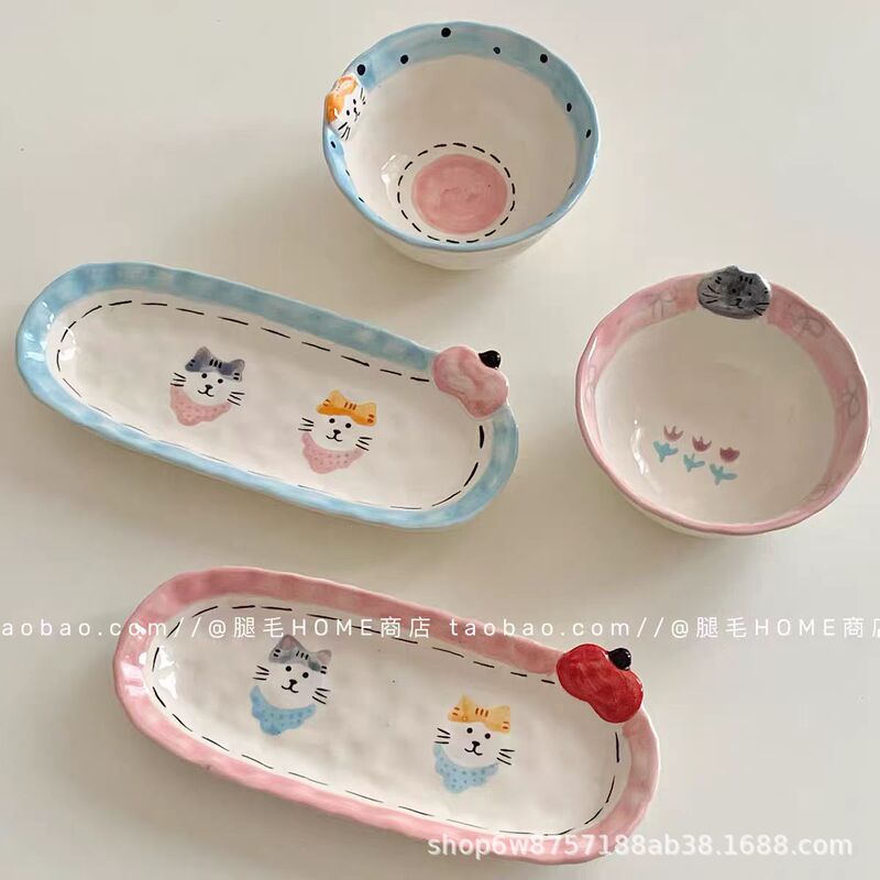 Japanese-Style Retro Hand-Painted Cat Ceramic Rice Bowl Oval Small Plate Cute Yogurt Dessert Bowl Underglaze Color