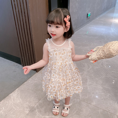 中小童女童公主裙连衣裙童裙2021夏装新款太阳花无袖甜美纱裙
