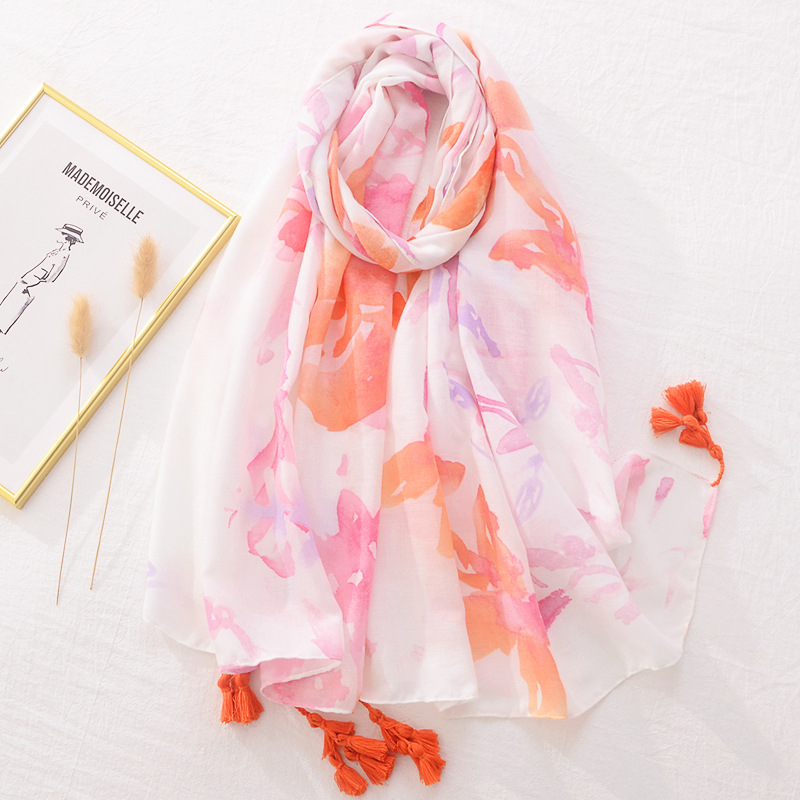 Todo fósforo de moda estilo artístico fresco primavera bufanda mujeres luz Rosa Splash-tinta flor impresa algodón y lino sensación bufanda