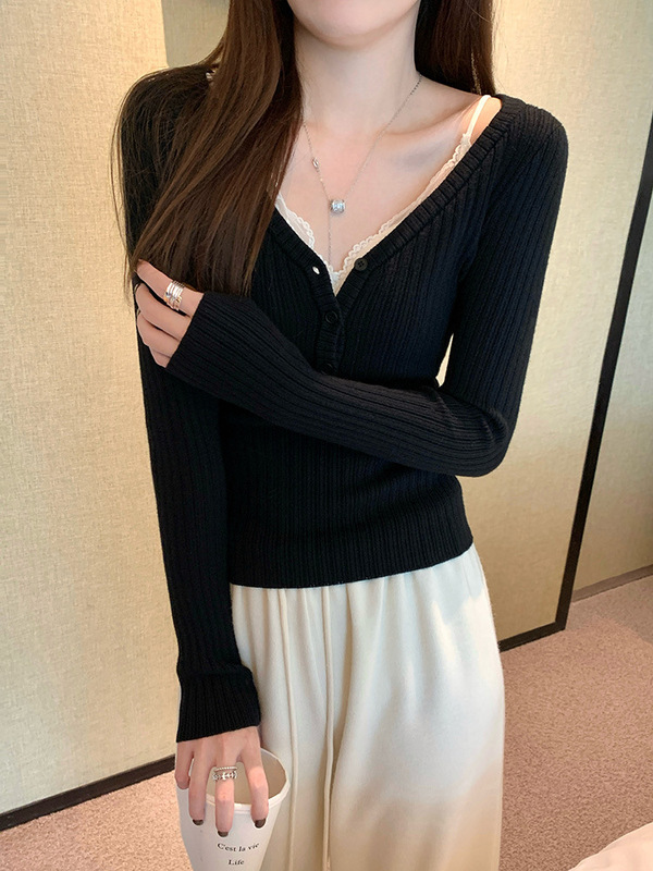 纯欲低领叠穿修身打底衫女春季绝美设计感毛衣内搭长袖针织衫上衣|undefined