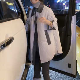 大码拼接撞色翻领长袖中长款棉服女2025冬季菱形格夹棉保暖外套