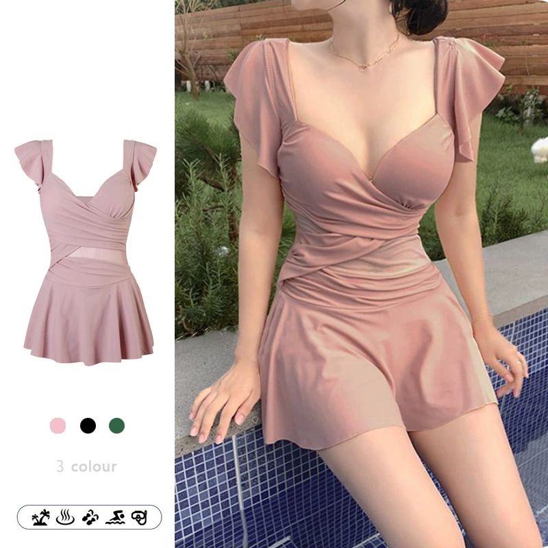 Купальник больших размеров, Женский цельный, покрывающий живот, большая грудь для похудения со стальным кольцом, собранный в западном стиле, консервативный купальник для отдыха Super Fairy Hot Spring