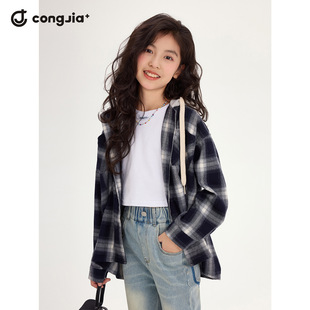 Girls' Stitching Hooded Plaid Shirt 2025 Outfit New Children's Korean-style Casual Outer Wear Lazy Style Coat Trendy