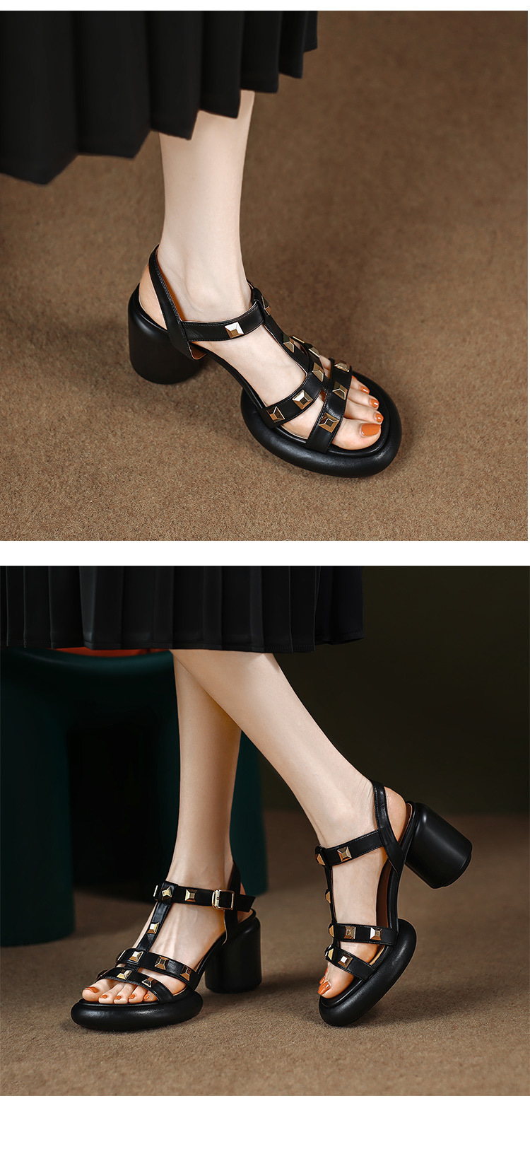 Sandal cao gót nữ mũi nhọn quai ngang đinh tán gót vuông 9 cm — màu đen, màu trắng ngà, màu vàng chi tiết 10