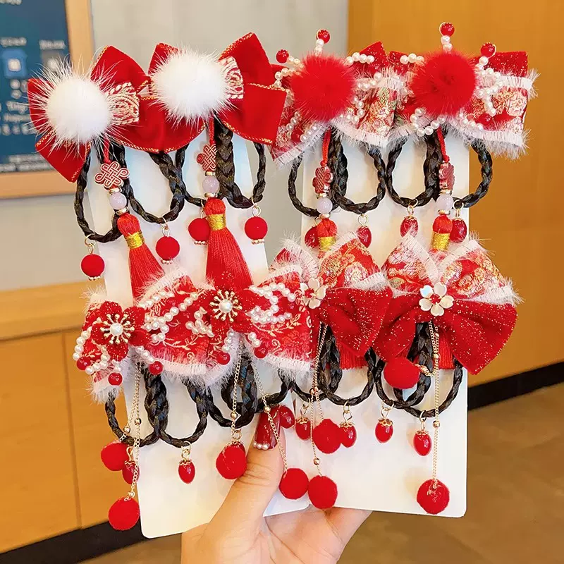 新年头饰儿童过年发夹女童古风红色发饰女孩假发流苏夹子宝宝发卡