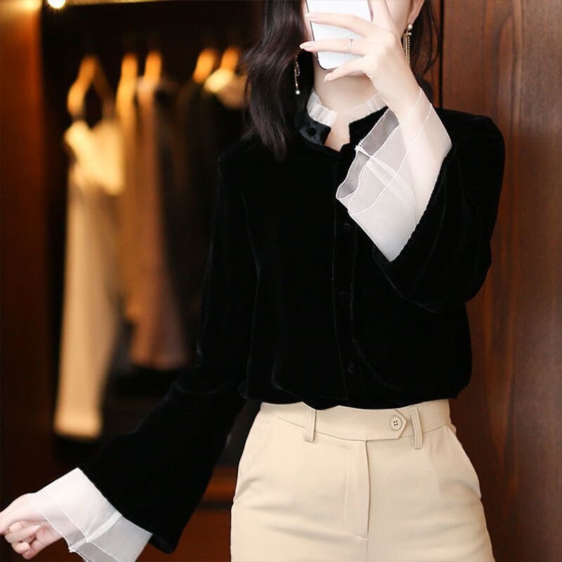 European-Style Velvet Shirt for Women 2024 Spring and Autumn New French Top with a Stand Collar European-Style Velvet Shirt for Women 2024 Spring and Autumn New French Top with a Stand Collar