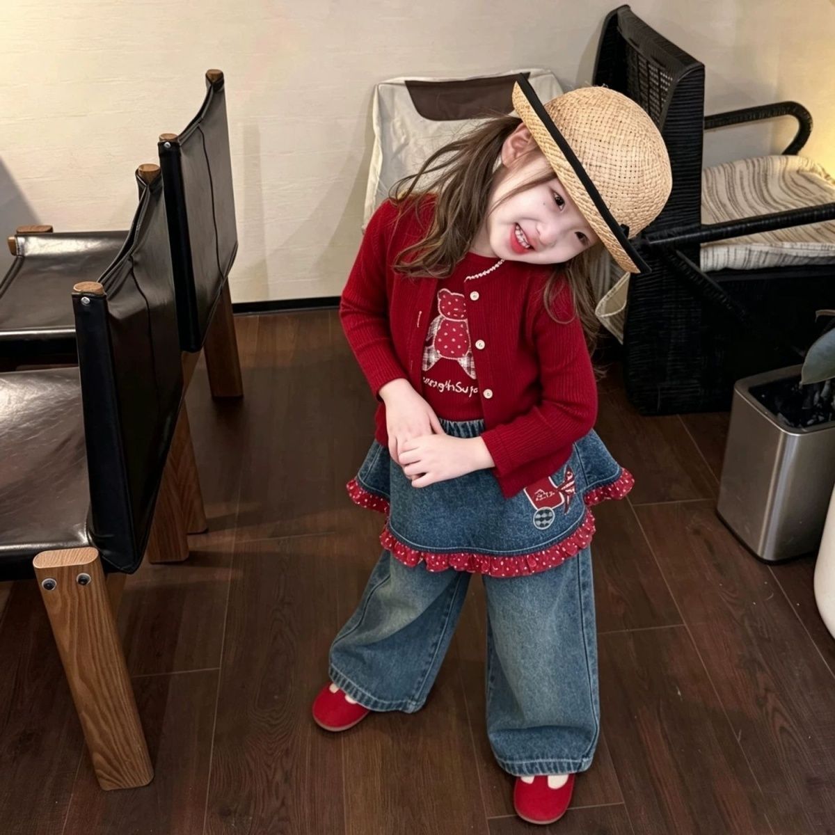 Children's Autumn Outfit 26 New Style Girls' Red Knitted Cardigan Cartoon T-shirt with Lace Trim and Denim Wide-Leg Pants