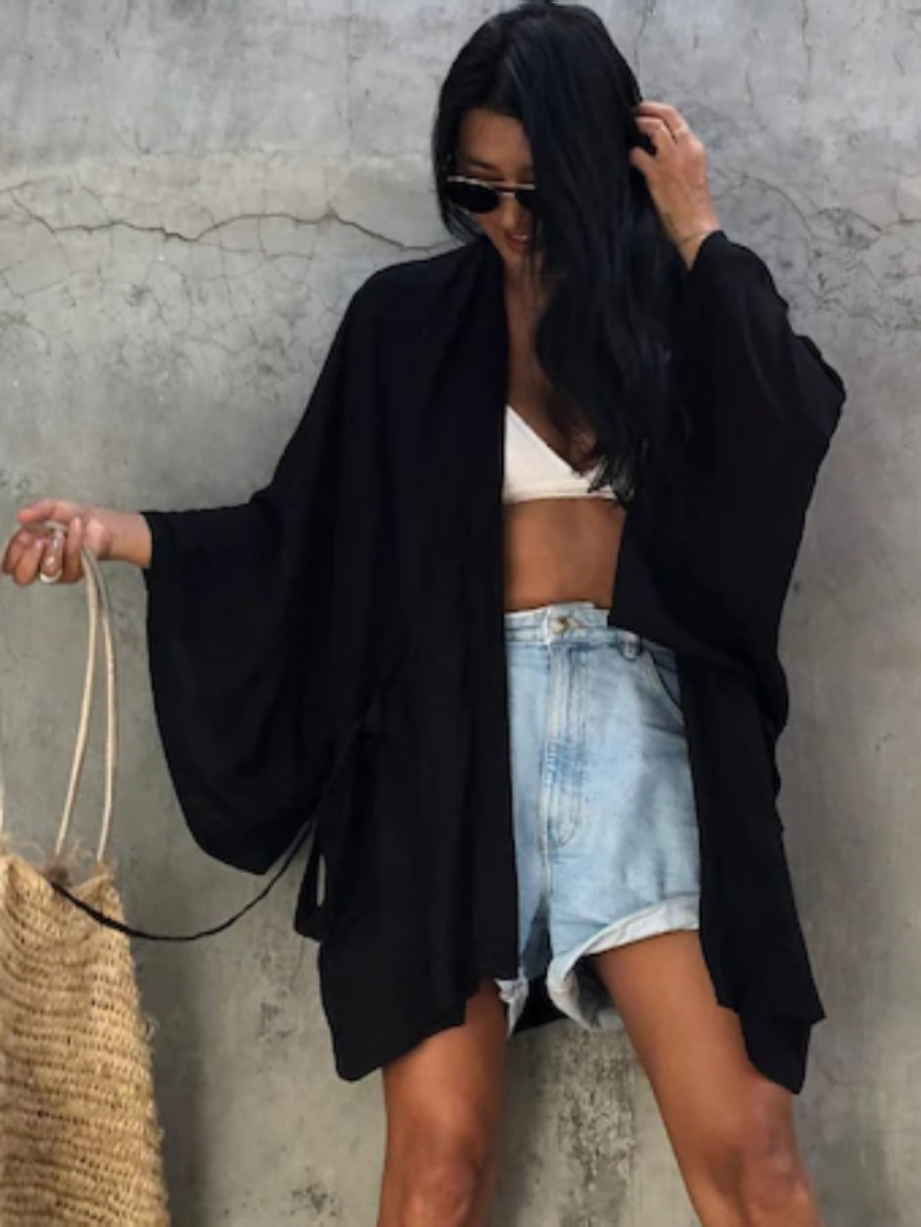 2025 nueva camiseta de algodón europea y americana Kimono multifuncional camiseta suelta camiseta protector solar vacaciones frente al mar buñuelo M0003