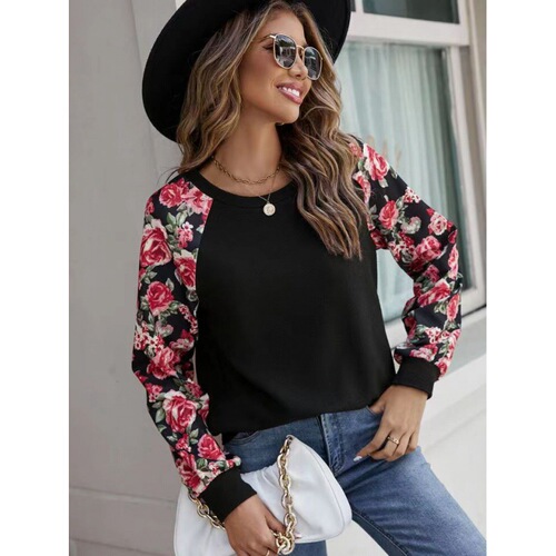  cross-border autumn new style print splicing fashionable all-matching casual sweater women's blouse