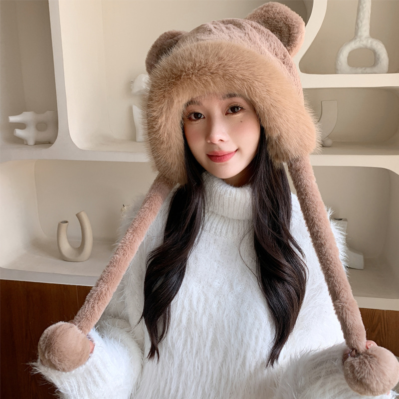 秋冬の女性用のかわいいクマのぬいぐるみ帽子、厚みのあるベルベットの耳保護帽子、顔が小さく見える、新しいスタイル、多用途で暖かい雷峰帽子|undefined
