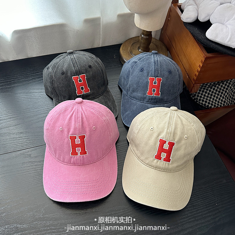水洗牛仔做旧H字母棒球帽女夏季软顶透气复古美式百搭休闲鸭舌帽|undefined
