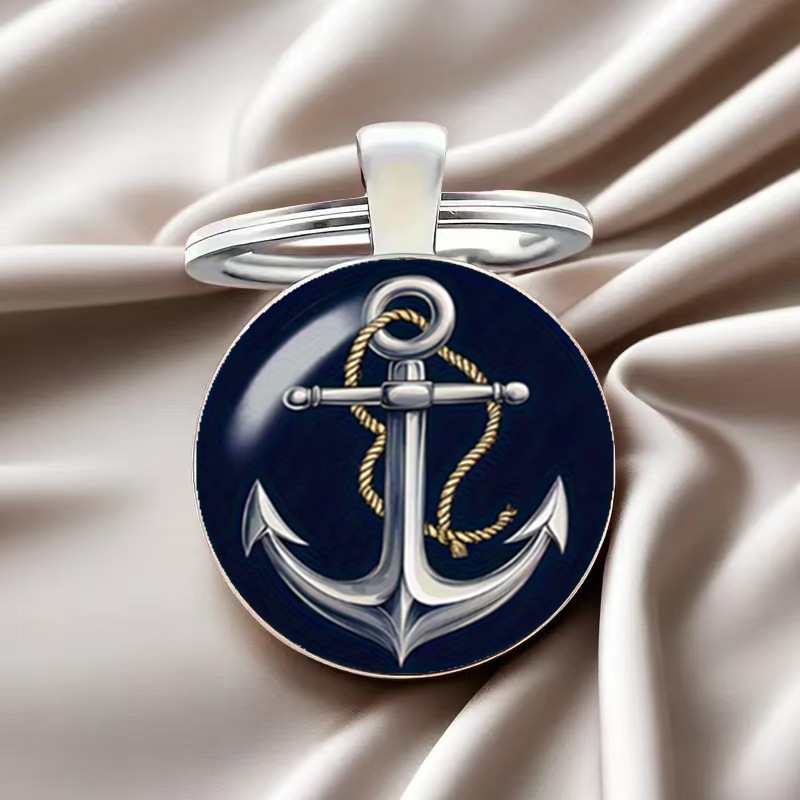 Cross-Border Nautical Anchor-Shaped Elegant Nautical Theme Round Glass Alloy Keychain Pendant Foreign Trade Accessories Wholesale