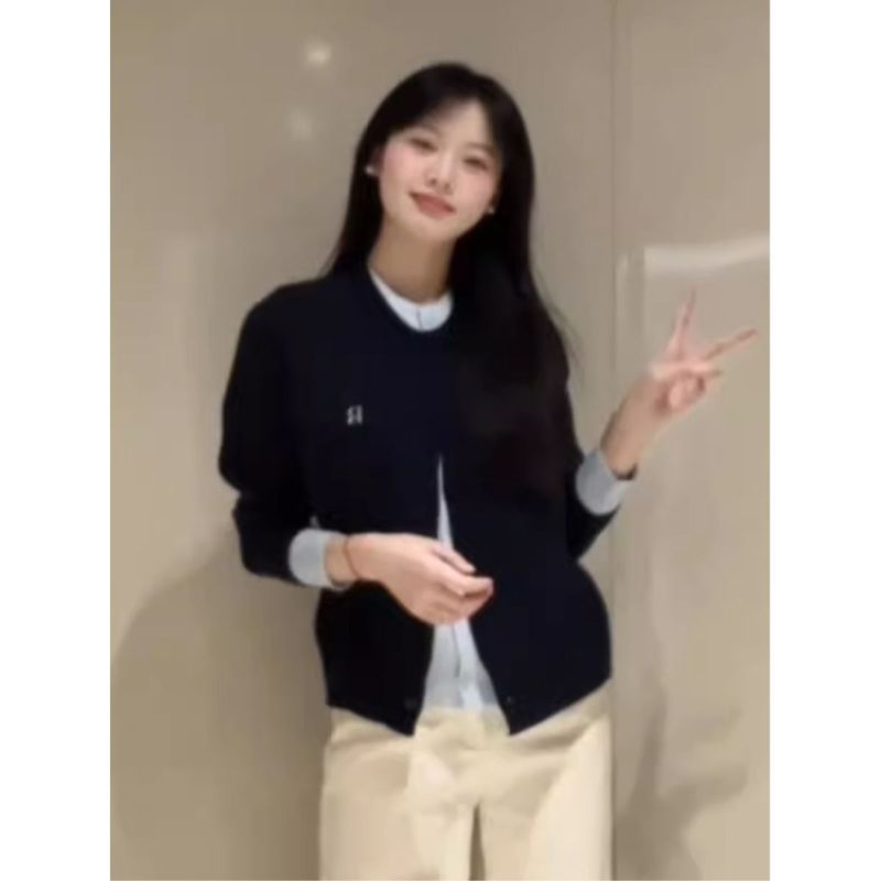 chic韩系穿搭藏蓝色拼接假两件上衣针织衫休闲小个子毛衣开衫女春|undefined