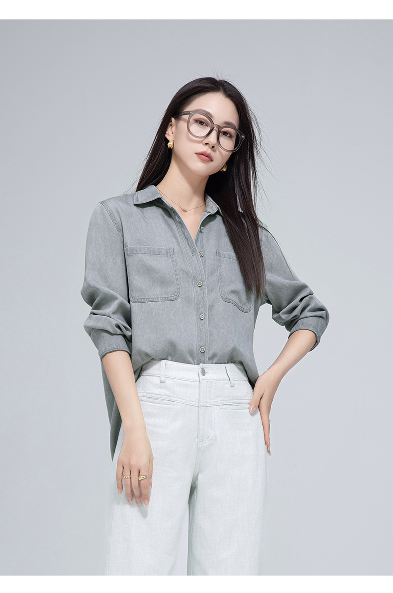 Áo sơ mi denim nữ tay dài phong cách đơn giản, chất liệu lyocell, có túi công vụ — Màu hồng chi tiết 4