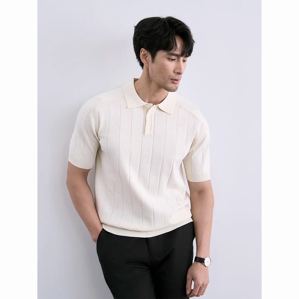 Verano nuevo suéter de punto de seda de hielo de manga corta camisa POLO para hombre camiseta de negocios delgada a rayas comercio exterior al por mayor transfronterizo image 4