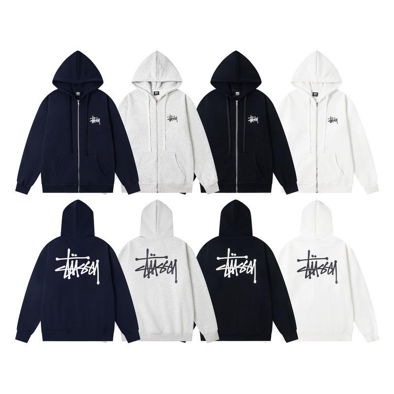 Cross-border Stussy autumn and winter new hooded trendy brand unisex sweatshirt with print, casual zip-up jacket