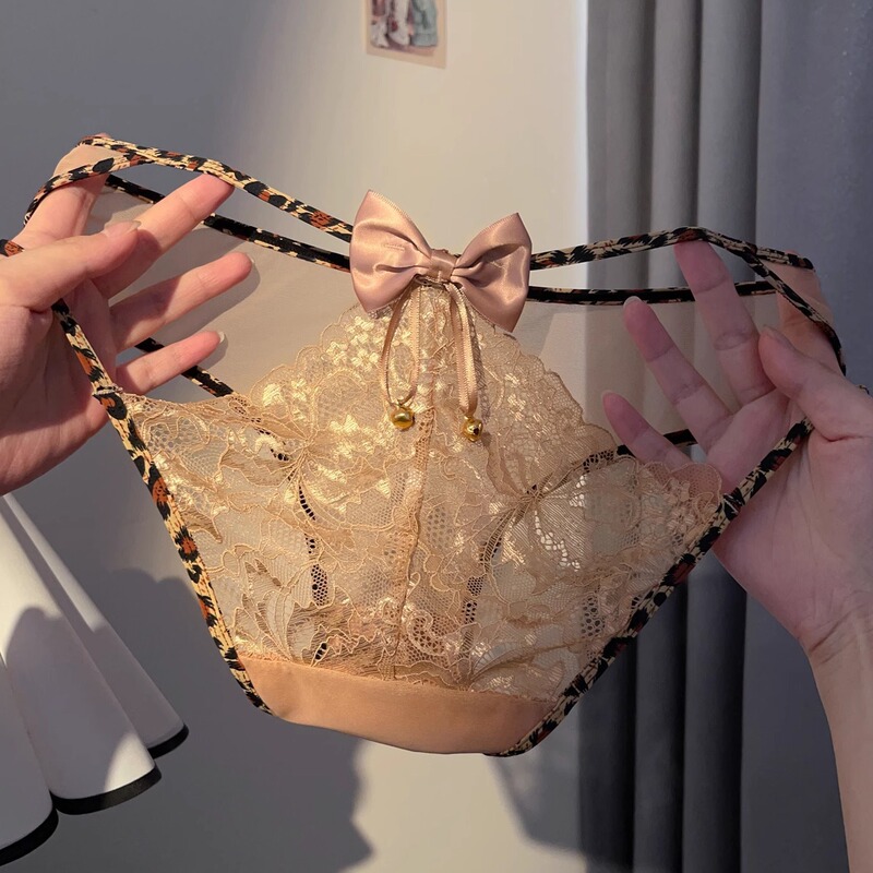Hot Girl Bell* Sexy Leopard Print Lace Panties Pure Desire Hollow Breathable Beautiful Buttocks Thin Mid-Waist Briefs for Girls
