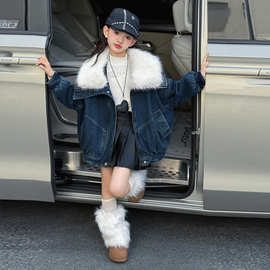 女童冬季外套2025款休闲大翻领牛仔派克服中大童时尚加绒保暖潮