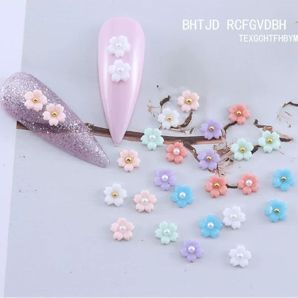 Internet Celebrity New Colorful Resin Five-Petal Flower Nail Art Jewelry Stereo Small Flower Nails Pearl Steel Ball Decorative Small Accessories