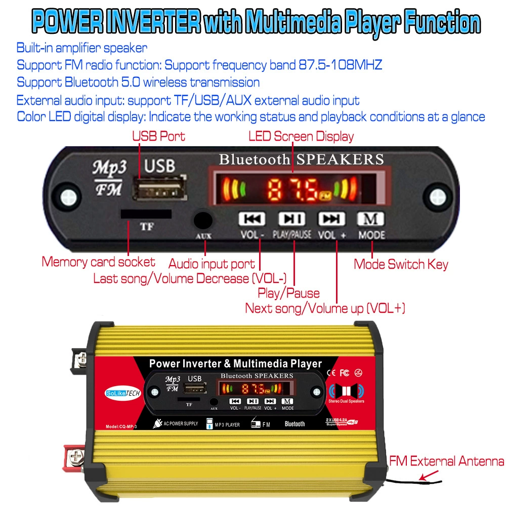 Видеоплеер мультимедиа инвертор с Bluetooth MP3/FM функцией 12V до 110V/220V инвертор