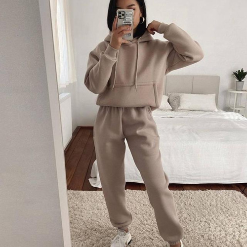 2024 Yama foreign trade European and American casual hooded long-sleeved pocket sweatshirt solid color sports suit two-piece set