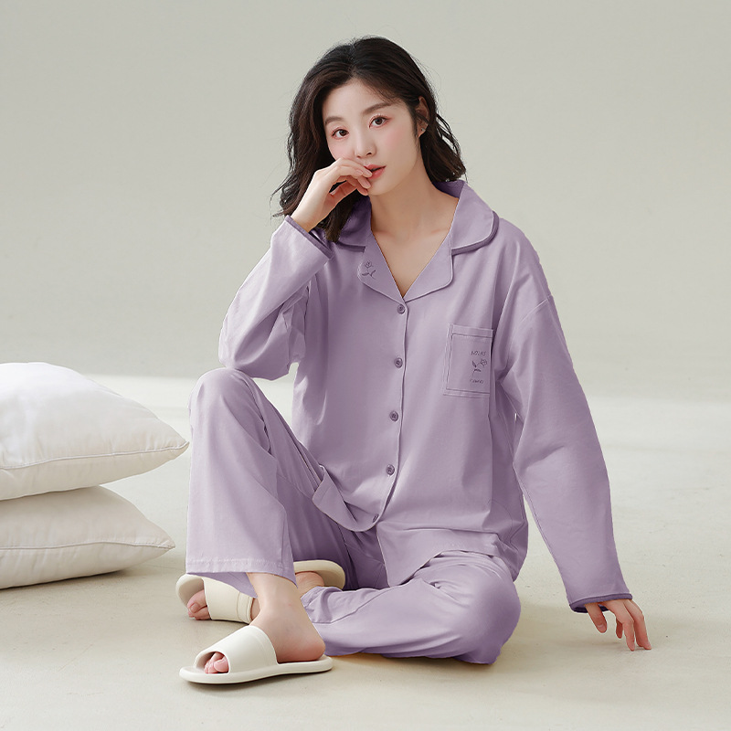 잠옷 여성의 새로운 [COOL COTTON] 긴 소매 바지 세트 옷깃 가슴 패드 솔리드 컬러 편안한 외부 착용 홈 의류 세트