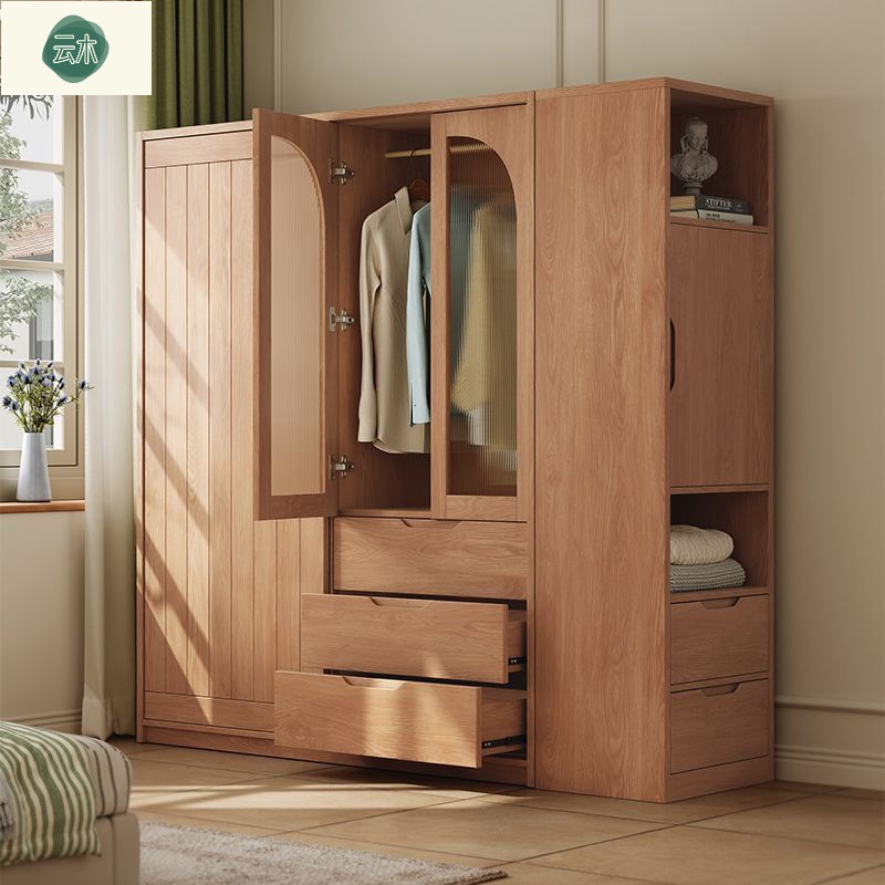 All Solid Wood Wardrobe Sliding Door Wardrobe Log Style Small Apartment Modern Simple Bedroom Home Oak Combination Wardrobe