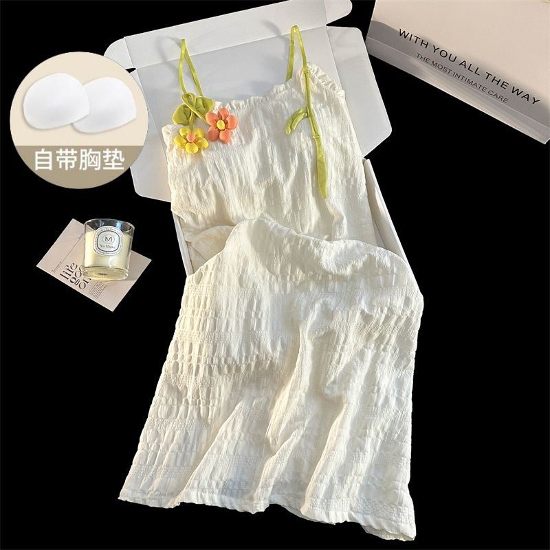 Princess Style Pajamas for Women Summer Cloud Cotton with Breast Pads Fresh Flower Nightgown Suspenders Sexy Pure Desire Home Clothes