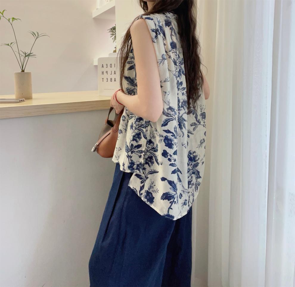 Áo sơ mi vest không tay cổ kéo đệm vai phong cách thủy mặc họa tiết hoa buộc dây chất Tencel — Màu sắc hình ảnh chi tiết 6