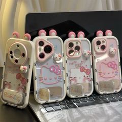 KT 猫耳ホルダー Apple 16Pro クリーム 携帯電話ケース 透明 iPhone15Promax 携帯電話ケース オールインクルーシブ