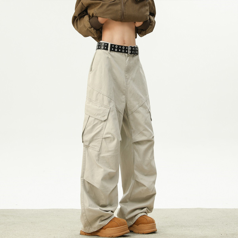 American-style creamy-white multi-pocket overalls pants for men and women spring tide brand paratroopers wide-leg overalls casual straight pants