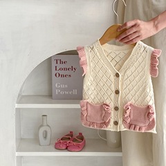 Women's Baby Fall 2023 Fashionable and Versatile 0-3 Years Old Popüler Small Sleeve Pockets Knitted Vest with Open Front Jacket