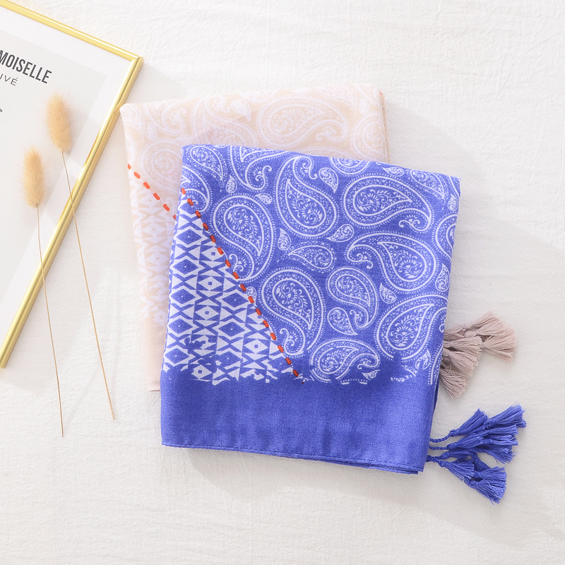 Corea del Sur estilo coreano versátil cáñamo chal primavera fina bufanda de seda anacardo patrón geométrico algodón y lino sensación borla bufanda