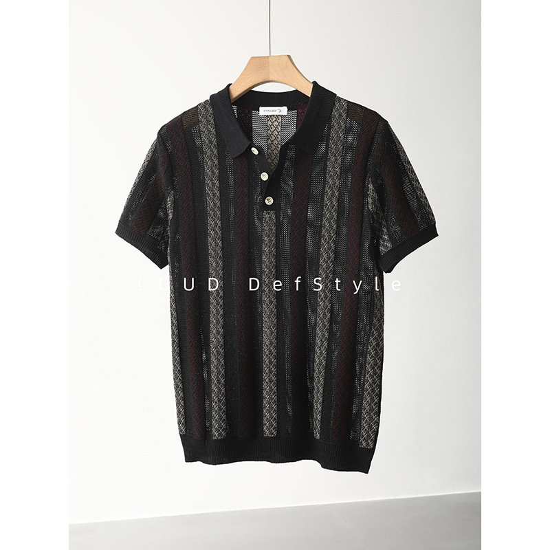 Polo camiseta de punto camiseta de manga corta camiseta de hombre solapa rayas huecas viejos vientos de alto nivel de verano fábrica transfronteriza al por mayor