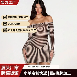 欧美跨境爆款一字肩斑马纹网纱透视连衣裙女性感修身包臀沙滩短裙